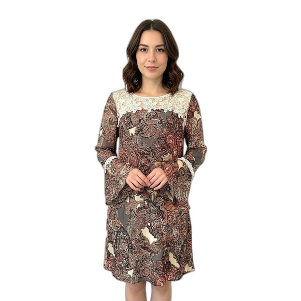 SLNY Fashions Bell-Sleeves Lace Paisley Printed Dress Size 10